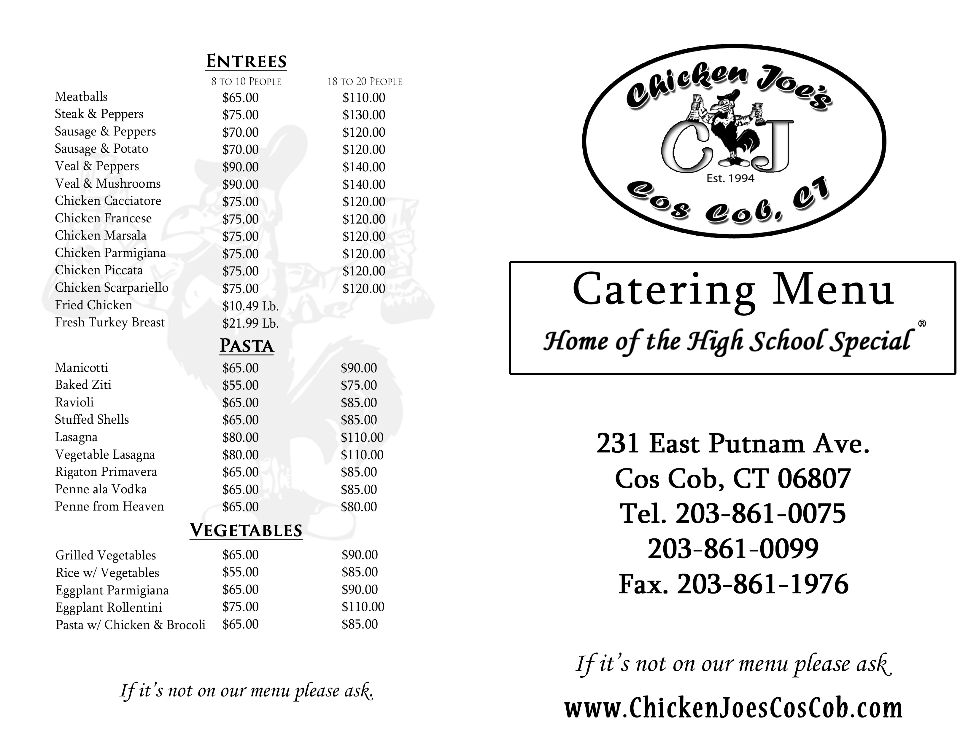 Chicken Joe's Cos Cob Catering Menu